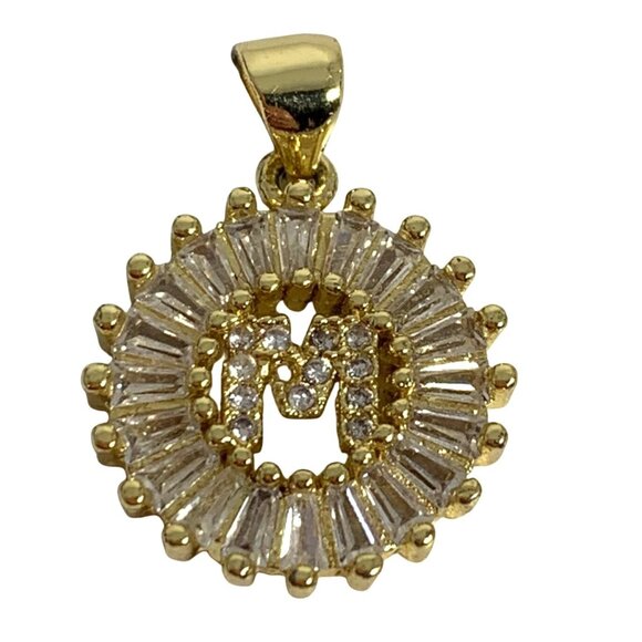 Petite Monogram Inital M Gold Tone Pendant ONLY w/ Rhinestone Baguette Halo - Picture 1 of 6